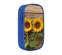 HEBSDFG Three Sunflowers on Wooden Print Pencil Case, Blue High-Capacity Pen Pencil Pouch Stationery Organizer with Pen Slots & Pouches for School Travel Makeup