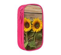 HEBSDFG Three Sunflowers on Wooden Print Pencil Case, Pink High-Capacity Pen Pencil Pouch Stationery Organizer with Pen Slots & Pouches for School Travel Makeup