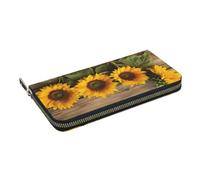 HEBSDFG Three Sunflowers on Wooden Printed Long Wallet for Men and Women PU Leather Hand Purse with Card Holder, Zipper Closure