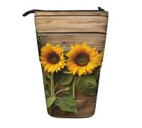 HEBSDFG Three Sunflowers on Wooden Prints Retractable Pencil Case & Cosmetic Pouch, Zippered Stationery Bag Pen Box for School Office Travel