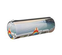 HEBSDFG Van in The Beach with a Surfboard Prints Round Pencil Case & Cosmetic Pouch, Silver Zipper Desk Stationery Organizer Leather Pencil Pouch for School Office Travel Gift