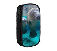 HEBSDFG West Indian Manatees Print Pencil Case, Black High-Capacity Pen Pencil Pouch Stationery Organizer with Pen Slots & Pouches for School Travel Makeup
