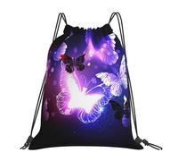 HEBSDFG White Purple Butterflies Womens Drawstring Gym Bags Mens Sports Backpack Lightweight Beach Tote Reusable Shopping Bag