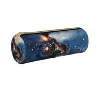 HEBSDFG Winter Christmas Snow Night Railway Train Prints Round Pencil Case & Cosmetic Pouch, PVC Leather Zippered Organiser for School Office Travel Stylish Gifting