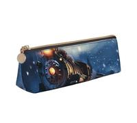 HEBSDFG Winter Christmas Snow Night Railway Train Prints Triangle Pencil Case & Cosmetic Pouch, PVC Leather Zippered Organiser for School Office Travel Stylish Gifting