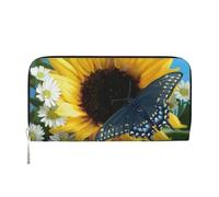 HEBSDFG Yellow Sunflowers with Blue Butterflies Printed Long Wallet for Men and Women PU Leather Hand Purse with Card Holder, Zipper Closure