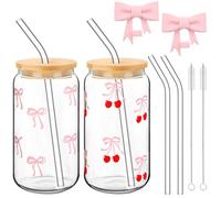 Hebterrka Clean Girl Aesthetic Glass with Lid and Straw, Set of 2 Drinking Glasses with Cute Pink Bow, Including Straw and Cleaning Brush