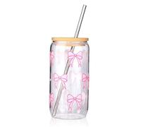 Hebterrka Elegant 16 oz Glass with Lid and Straw, Two Sticker Style Options, Coquette Bow Design, Suitable for Coffee, Cocktails and More