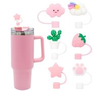Hebterrka Thermal Mug Accessories: Pack of 6 Straw Covers in Cactus Design for 40/30oz Travel Mug, Pink Straw Flip Cover Seal for Tumbler and Cup
