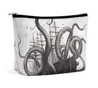 HEBVNJF Travel Makeup Bag Portable Cosmetic Bag Blue Music Makeup Storage Bag for Women/girl, Black and White Octopus and Ship, One Size