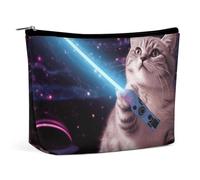 HEBVNJF Travel Makeup Bag Portable Cosmetic Bag Sports Field in Green Makeup Storage Bag for Women/girl, Space Laser Cat Novelty Cute Funny, One Size
