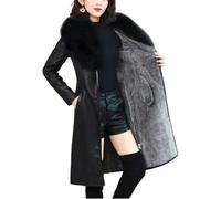 Hecatombic Women's Autumn and Winter Fleece-Lined Thickened Warm Oversized Faux Fur Collar PU Jacket Fashionable Slim Casual Punk Mid-length Warm Coat (Black,M)