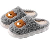 Hecatombic Women's Cute Bear Pattern Thick Plush Soft and Comfortable Home Slippers Warm Autumn and Winter Bedroom Leisure Non-slip Indoor Slippers (Grey,42-43)