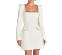 Hecatombic Women's Elegant Square Neck Tweed Mini Dress Long Sleeve Pearl A Line Formal Prom Short Women's Slim Fit Versatile Dresses (White,M)