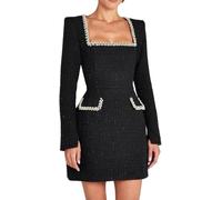 Hecatombic Women's Elegant Square Neck Tweed Mini Dress Long Sleeve Pearl A Line Formal Prom Short Women's Slim Fit Versatile Dresses (Black,M)
