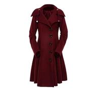 Hecatombic Women's Fall and Winter Gothic Punk Windproof Warm Hooded Tweed Coat Vintage Victorian Single Breasted Long Stand Collar Trench Coat Outerwear (Burgundy,L)
