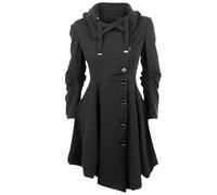 Hecatombic Women's Fall and Winter Gothic Punk Windproof Warm Hooded Tweed Coat Vintage Victorian Single Breasted Long Stand Collar Trench Coat Outerwear (Black,S)