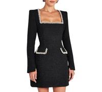 Hecatombic Women's Fall and Winter Tweed Mini Dress Elegant Slim Square Neck Long Sleeve High Waist A-Line Evening Party One-Piece Slim Short Dresses (Black,M)
