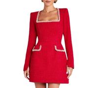 Hecatombic Women's Fall and Winter Tweed Mini Dress Elegant Slim Square Neck Long Sleeve High Waist A-Line Evening Party One-Piece Slim Short Dresses (Red,L)