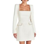 Hecatombic Women's Fall and Winter Tweed Mini Dress Elegant Slim Square Neck Long Sleeve High Waist A-Line Evening Party One-Piece Slim Short Dresses (White,S)