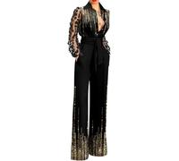 Hecatombic Women's Fashion Lapel Lace Splicing Sequins Long Sleeve Waisted Jumpsuit Elegant Dinner Casual Disco Party Wedding Guest Wide Leg Jumpsuit (Black,S)