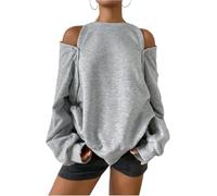 Hecatombic Women's Fashion Sexy Off-the-shoulder Round Neck Casual Long-sleeved Sweatshirt Spring and Autumn Loose Retro Sports Pullover Sweatshirt (Grey,S)