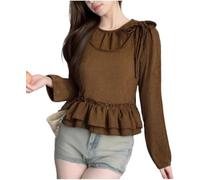 Hecatombic Women's Fashionable Trendy Loose Casual Bow Tie Ruffle Hem Long-Sleeved Top Y2K Spring and Autumn Retro Solid Color Sweet Versatile Top (Brown,XL)