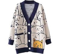 Hecatombic Women's Knitted Cardigan Women's Oversized Winter Sweater Warm V Neck Button Long Sleeve Loose Cat Print Kawaii Fall Cute Jacket (Navy Blue,One Size)
