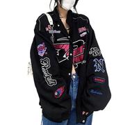 Hecatombic Women's Oversized American Letter Print Punk Button Motorcycle Jacket Y2K Fashion Harajuku Retro College Style Baseball Jacket (Black,XL)