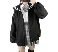 Hecatombic Women's Sailor Collar Colorblocking Zipper Long-sleeved Jacket Spring and Autumn Fashion Loose Casual Trend Street Sweet Cute Jacket (Black,L)