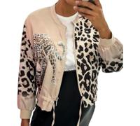 Hecatombic Women's Short Tabby Leopard Print Zipper Jacket Lightweight Fall Round Neck Drawstring Jacket Fashion Animal Print Jacket (Beige,XL)