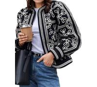 Hecatombic Women's Short Vintage Printed Quilted Jacket Lightweight Floral Printed Padded Jacket Elegant Long Sleeve Round Neck Cardigan Jacket (Black,L)