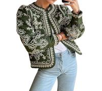 Hecatombic Women's Short Vintage Printed Quilted Jacket Lightweight Floral Printed Padded Jacket Elegant Long Sleeve Round Neck Cardigan Jacket (Green,L)