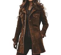 Hecatombic Women's Spring and Autumn Retro Faux Suede Zipper Windproof Mid-Length Jacket Fashion Slim Business Casual Trend Multi-Pocket Windbreaker (Brown,XL)