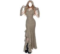 Hecatombic Women's Summer Retro Gothic Punk Side Slit Long Hooded Dress Y2k Fashion Casual Party Slim Elegant Cool and Valian Dresses (Khaki,L)