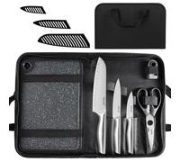 hecef 10-in-1 Portable Kitchen Knife Set with Heavy Duty Knife Bag & Reversible Chopping Board, Scissor- 3pc Stainless Steel Knives with Sheaths for Camping, RV, BBQ & Outdoor Picnic