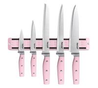hecef 5-Piece Stainless Steel Knife Collection with Magnetic Holder, Triple-Riveted Pink Handles for Modern Kitchen Food Prep