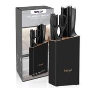 hecef 7-Piece Sharp Knife Set with Wooden Block - Durable Stainless Steel Blades, Ergonomic Handles - Includes Chef, Slicing, Bread, Utility, Paring Knives & Kitchen Scissors,