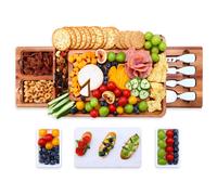 hecef Acacia Wood Cheese Board Set, Cheese Platter with 2 Slide-Out Drawers& Cutlery Set& Snack Plates& Marble Cheese Slate, Charcuterie Board for