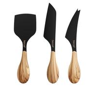 hecef Cheese Knife Set of 3, Includes Pronged, Hard Cheese & Chisel Knife, Matte Black Stainless Steel Knives with Wood Grain Handles, for Cheese Slicer, Cake, Dessert and Butter Cutter