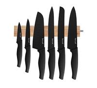 hecef Kitchen Knife Set & Magnetic Knife Bar Bundle: 6 Stainless Steel Knives with Matching Sheaths + 12 Inch Acacia Wooden Wall Rack - Black Oxide Anti-Rust Blade Set for Home Kitchen