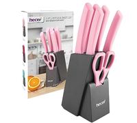 hecef Knife Set with Wooden Block & Scissors - Durable Stainless Steel Blade Extended Handle for Seamless Food Prep (Pink)
