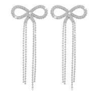 Hecila 1 Pair Silver Bow Rhinestone Earrings Dangling Bridal Bow Crystal Earring Trendy Long Dangle Earrings Sparkly Ribbon Bowknot Bling Tassel Earring Sparkly Crystal Jewelry for Party Prom Daily