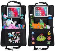 HECKBO 2x Children’s Car Seat Back Protector Organisers with Adjustable Tablet Holder & Storage Pockets - Monster + Unicorn Designs - 70x45 cm - in up Holder + Storage Net