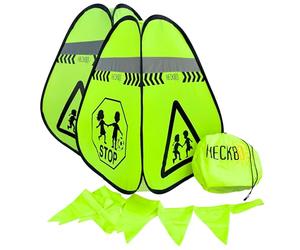 HECKBO 2x Pylons Caution Children Sign Playing Pylons Pylons + Pennant Chain - Children's Street Pylons Children's Safety Pop Up Set
