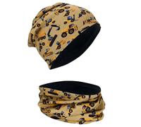 HECKBO children boy girl beanie hat & loop scarf set with fleece inside - construction car cars - 2-6 years - 95% cotton - soft easy care stretch material - kids winter hat - spring fall winter