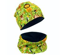 HECKBO children boy girl beanie hat & loop scarf set with fleece inside - jungle animals - 2-6 years - 95% cotton - soft easy care stretch material - kids winter hat - spring fall winter