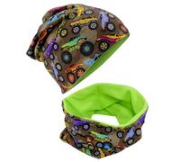 HECKBO children boy girl beanie hat & loop scarf set with fleece inside - monster truck cars - 2-6 years - 95% cotton - soft easy care stretch material - kids winter hat - spring fall winter