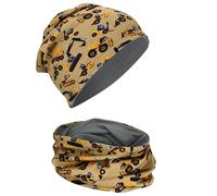 HECKBO Kids Beanie & Loop Set - Construction Vehicles Digger & Truck - Reversible Jersey Hat - 2-8 Years, Cotton - Boys’ Helmet Hat & Scarf, Grey (48-54 cm)