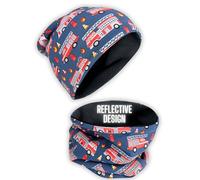 HECKBO Winter 360° Reflector Kids Hat & Loop Scarf Set - Fire Truck Fleece Lined - 2-6 Years - 95% Cotton - Soft & Easy-Care Stretch Material